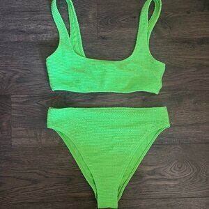 High Waist Neon Seersucker Matching Cheeky Bikini Set Spring Break Vacation